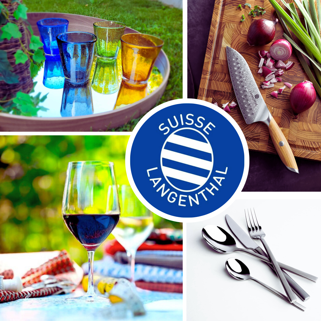Eine Collage zeigt bunte Gläser auf einem Tablett, ein Kochmesser mit geschnittenem Gemüse, Weingläser auf einer Picknickdecke, glänzendes Besteck und in der Mitte das blaue Logo von Suisse Langenthal.