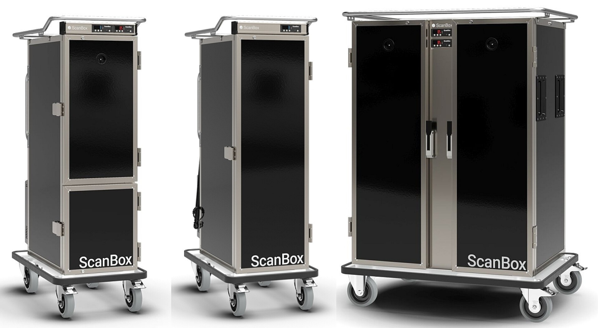 Drei schwarz-silberne, isolierte mobile ScanBox-Wagen mit Rädern werden aus verschiedenen Blickwinkeln gezeigt. Jeder Wagen verfügt über Griffe, eine Anzeigetafel und Türen und ist für den Transport und die Lagerung von Lebensmitteln konzipiert.