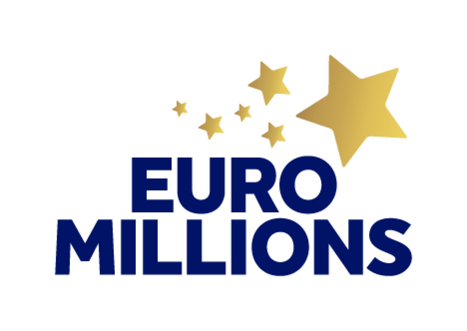 EuroMillions-Logo mit fettem blauem Text und fünf goldenen Sternen unterschiedlicher Größe, die in einer Kurve über und rechts vom Text angeordnet sind.
