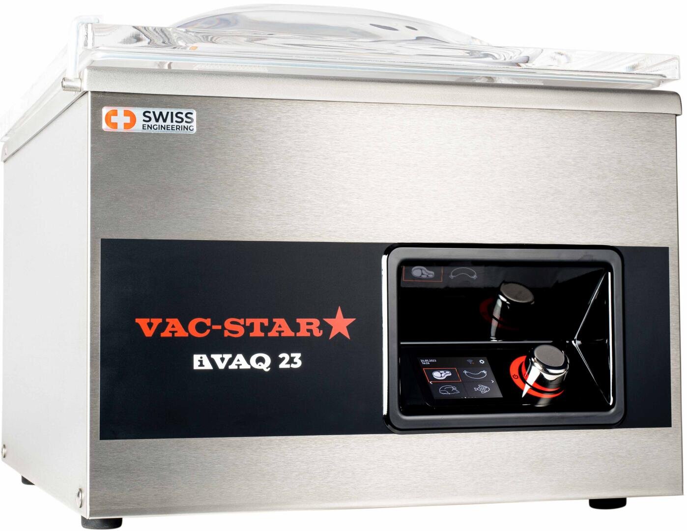 Une machine à emballer sous vide Vac-Star iVAQ 23 en acier inoxydable avec couvercle transparent et panneau de commande numérique, conçue pour l'emballage alimentaire professionnel et la cuisson sous vide.