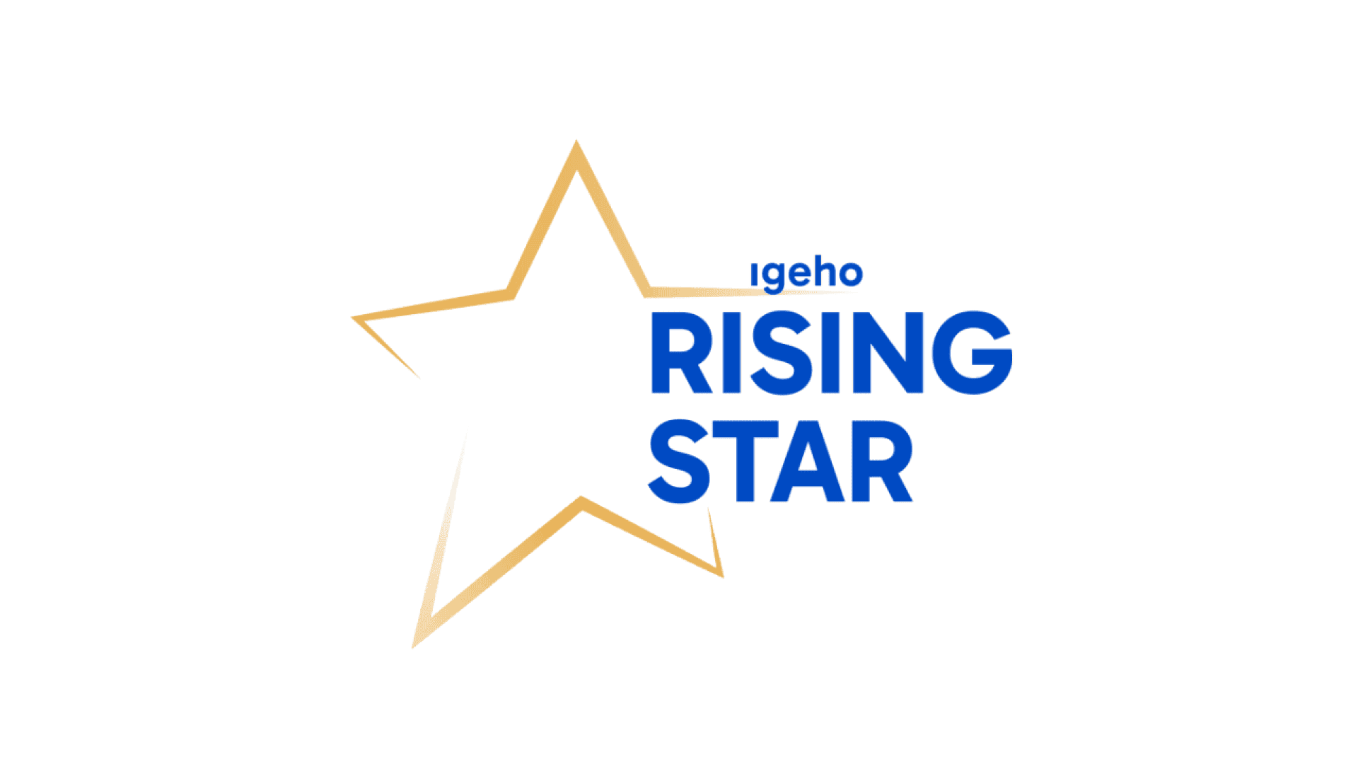 Une étoile aux contours dorés avec le texte igeho RISING STAR en lettres bleues en gras chevauchant partiellement l'étoile sur un fond blanc.