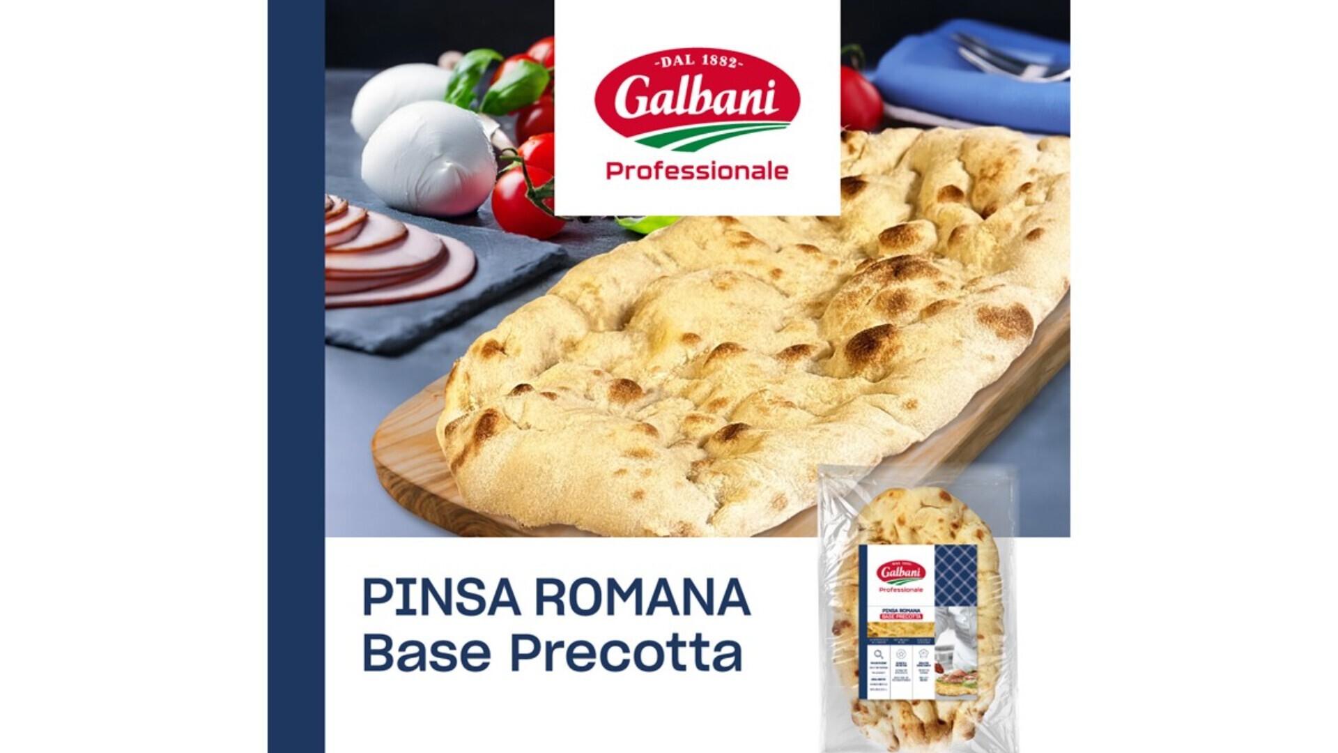 Un paquet de Galbani Professionale Pinsa Romana Base Precotta est présenté avec un pain plat de style romain cuit sur une planche en bois, entouré de boules de mozzarella, de tomates et de basilic.