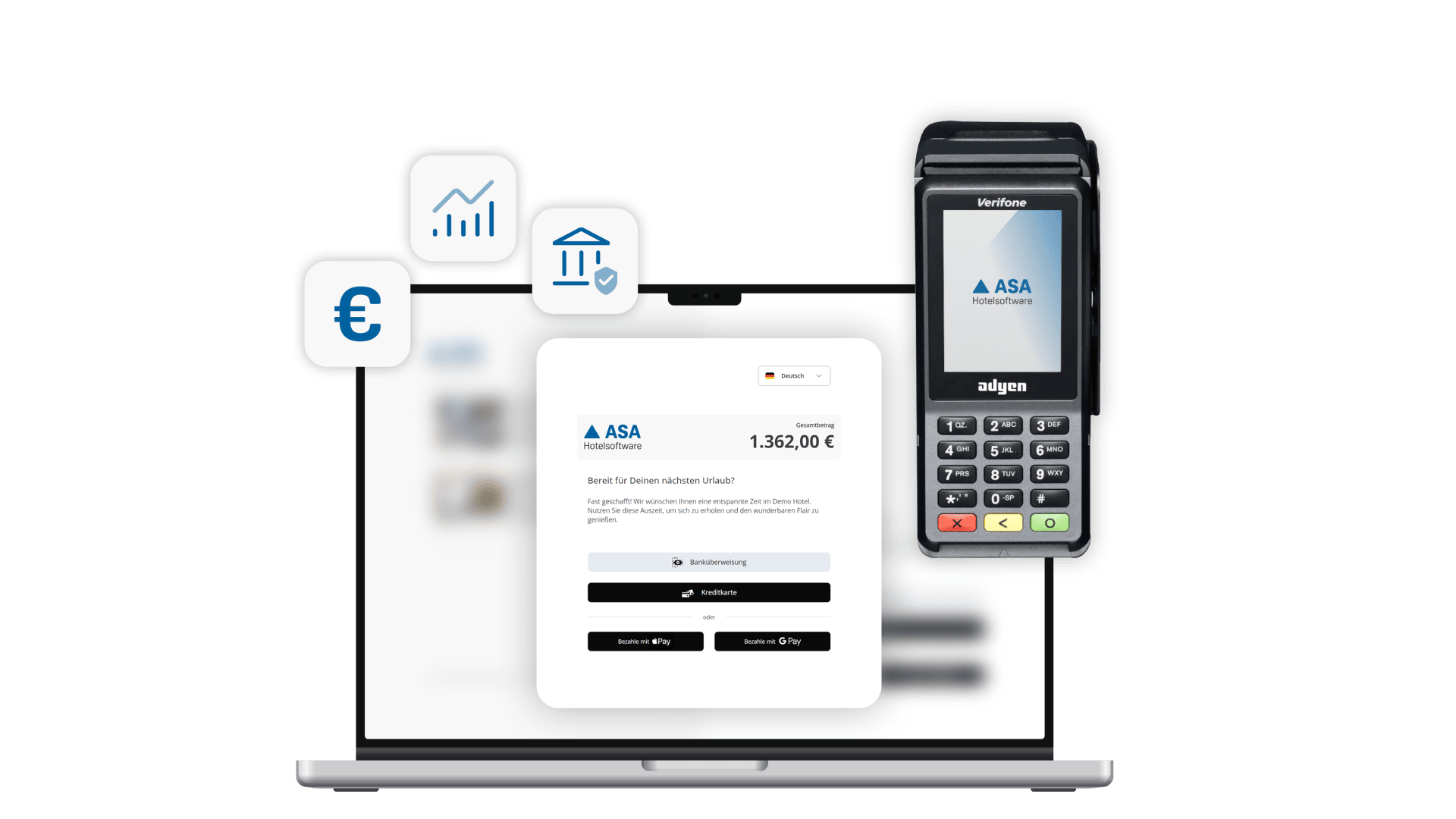 Ein Laptop mit einer Online-Zahlungsschnittstelle und schwebenden Finanzsymbolen sowie einem Kartenzahlungsterminal mit dem ASA-Logo, das digitale Finanztransaktionen veranschaulicht.