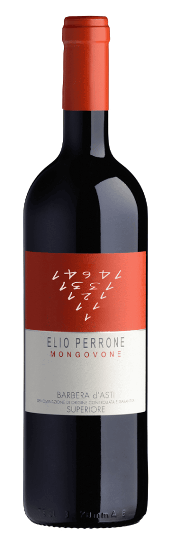Une bouteille de vin rouge Elio Perrone Mongovone Barbera d'Asti Superiore avec un bouchon rouge et une étiquette blanche et rouge avec des graphismes et du texte modernes et abstraits.