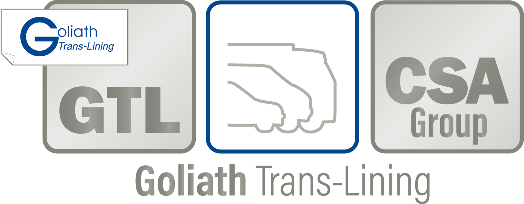 Drei graue Quadrate: links ist GTL mit einem eingefügten Logo mit der Aufschrift Goliath Trans-Lining zu sehen, in der Mitte sind drei Lastwagen abgebildet, rechts steht CSA Group. Der Text darunter lautet Goliath Trans-Lining.